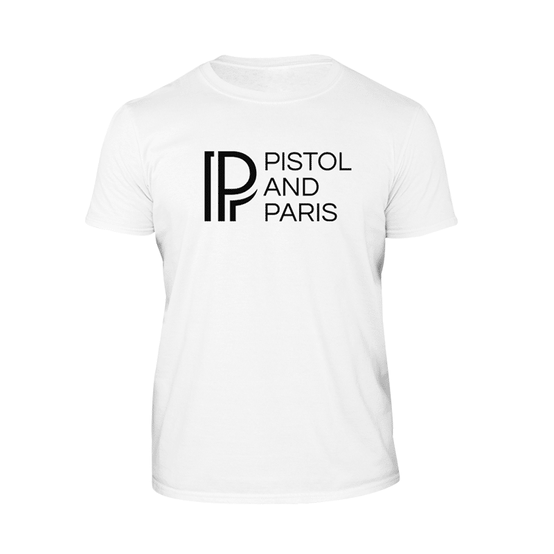 Pistol and Paris: T-Shirt - White 1 Pistol and Paris T Shirt White a