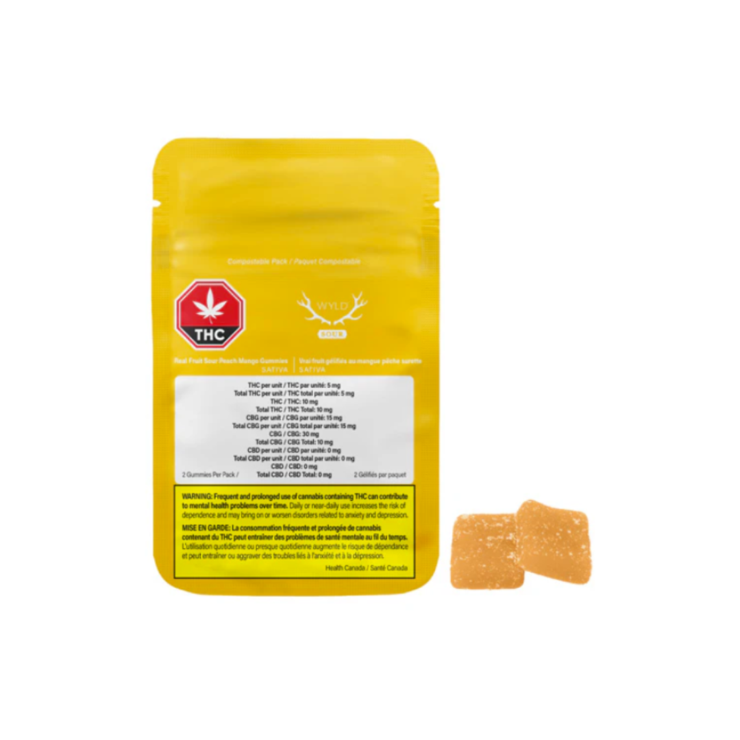 Wyld : REAL FRUIT SOUR PEACH MANGO 3:1 CBG:THC GUMMIES 2 Wyld : REAL FRUIT SOUR PEACH MANGO 3:1 CBG:THC GUMMIES - Image 2