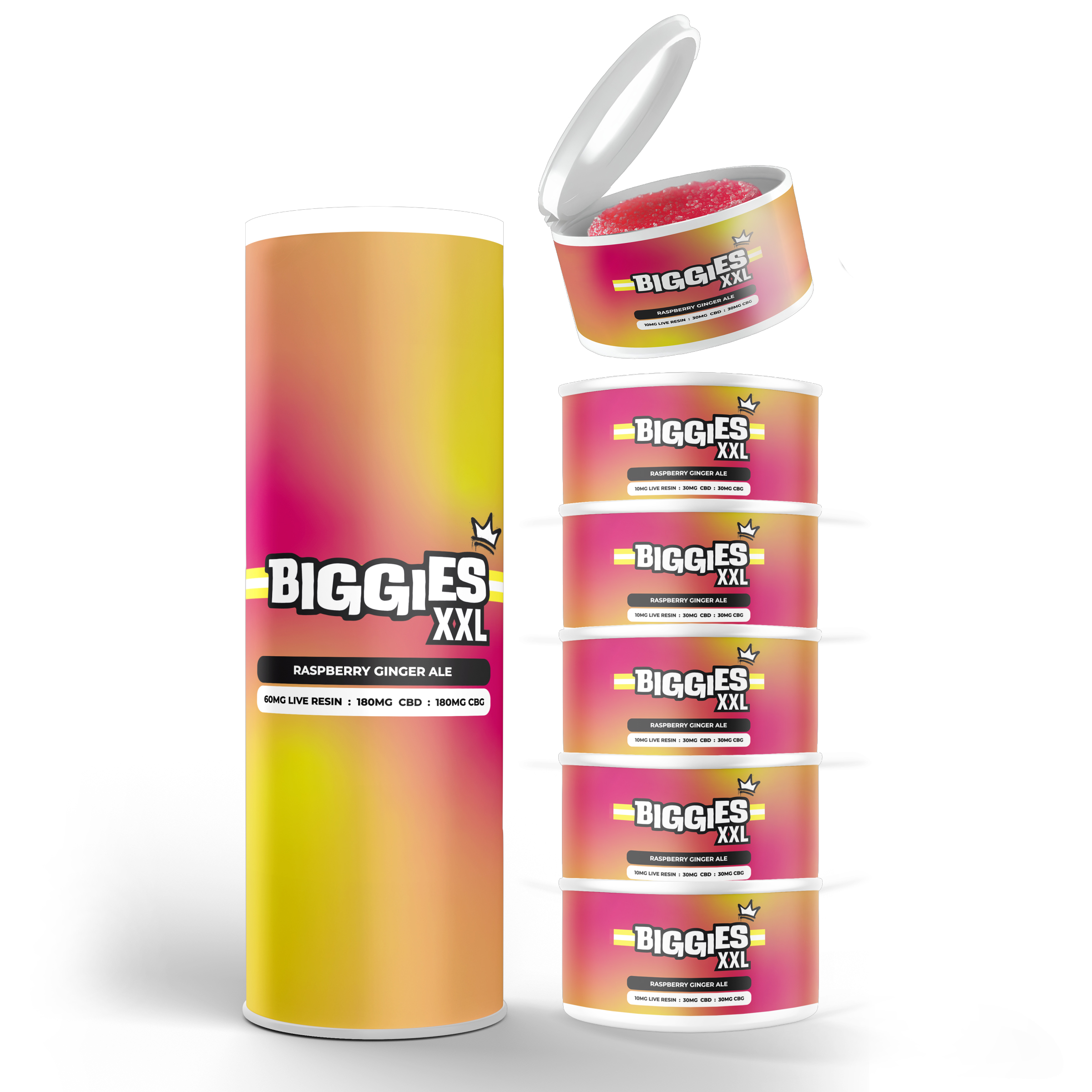 Biggies : RASPBERRY GINGER ALE LIVE RESIN CHEWS - 6 x 10mg THC/30mg CBG/30mg CBD 1 Biggies : RASPBERRY GINGER ALE LIVE RESIN CHEWS - 6 x 10mg THC/30mg CBG/30mg CBD