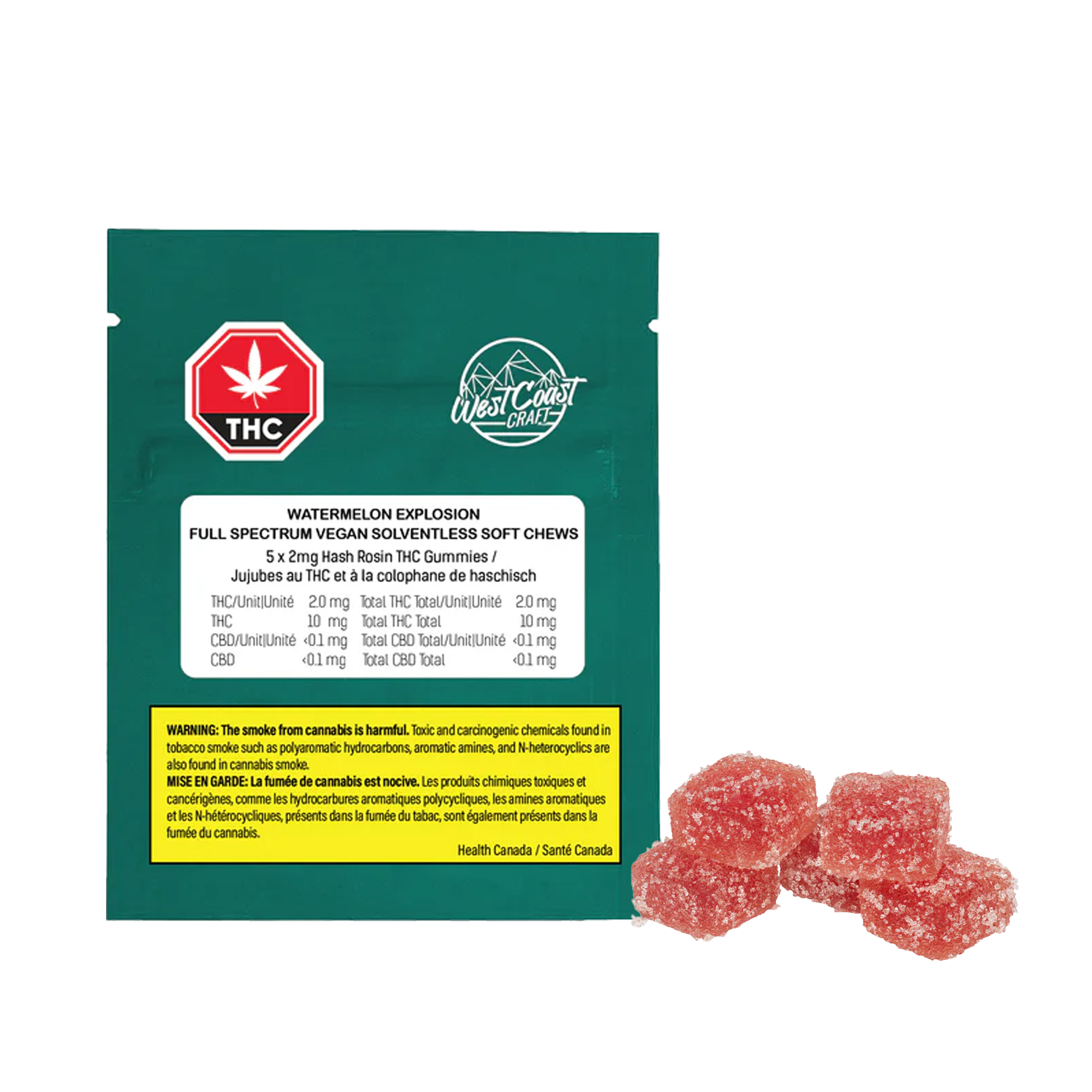 West Coast Craft : Watermelon Explosion Full Spectrum Vegan Solventless Soft Chews - 5 x 2mg 1 West Coast Craft : Watermelon Explosion Full Spectrum Vegan Solventless Soft Chews - 5 x 2mg
