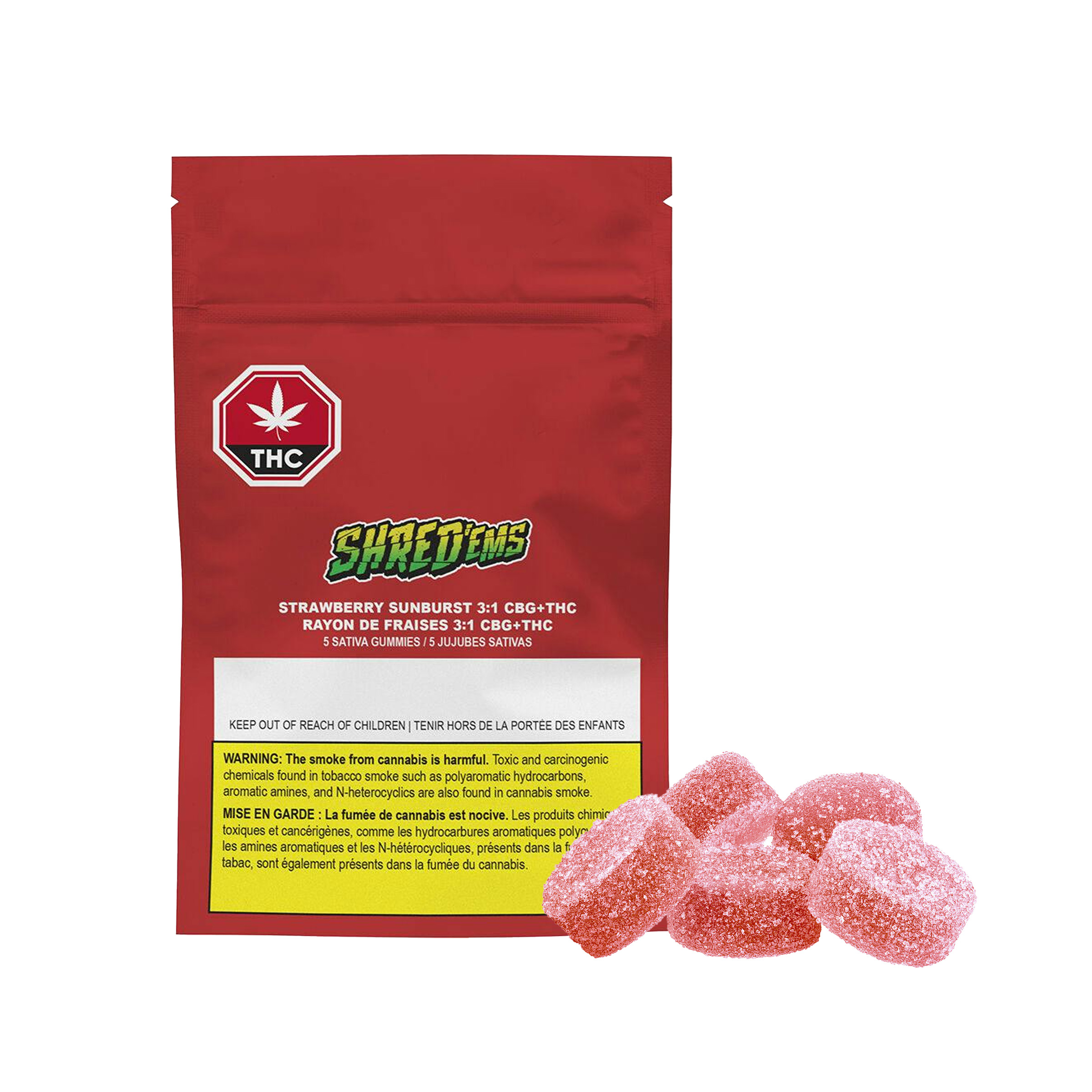 Shred'ems : STRAWBERRY SUNBURST 3:1 CBG/THC GUMMIES 1 Shred'ems : STRAWBERRY SUNBURST 3:1 CBG/THC GUMMIES