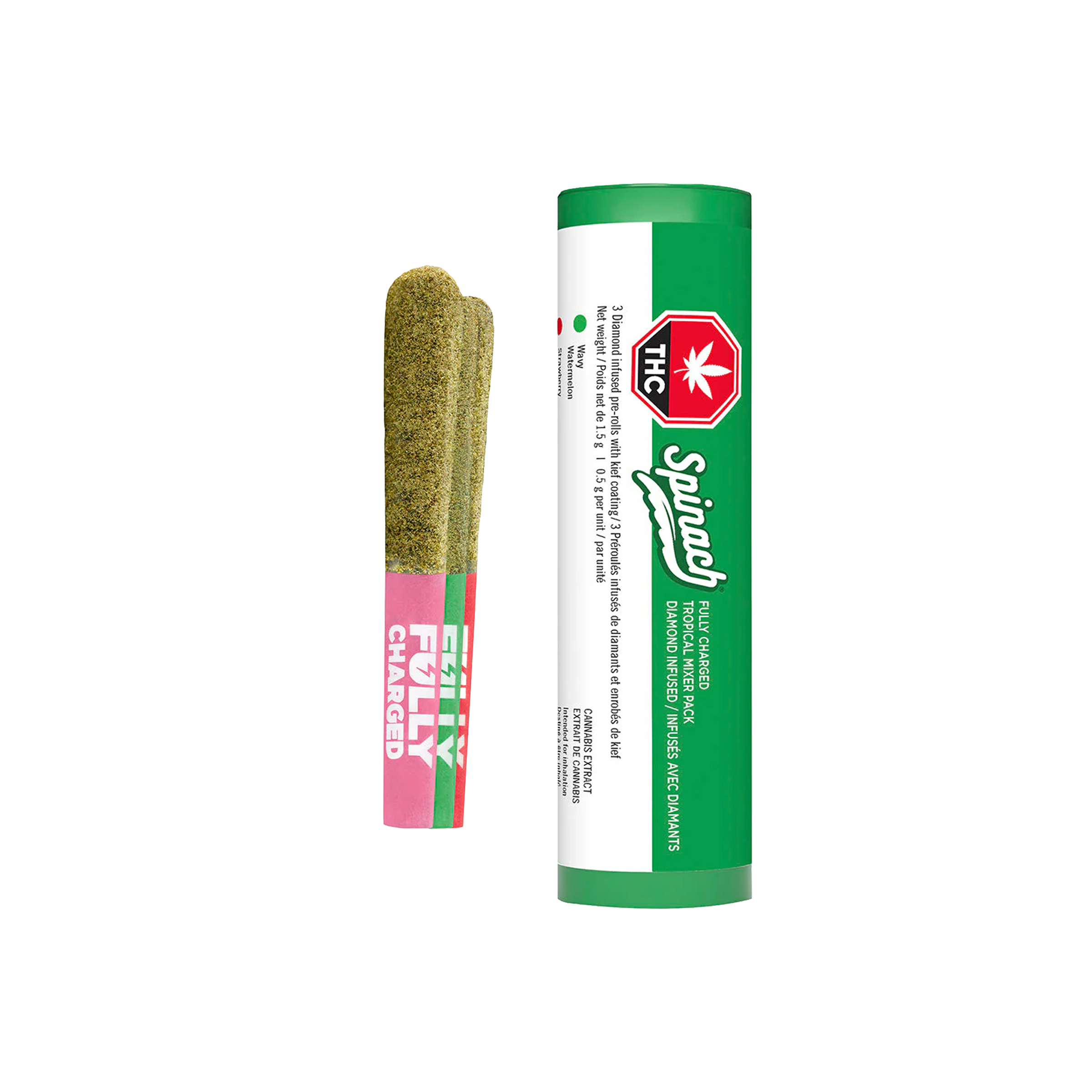 Spinach : FULLY CHARGED TROPICAL PACK INFUSED PRE-ROLLS (VARIETY PACK) - 3 x 0.5g 1 Spinach : FULLY CHARGED TROPICAL PACK INFUSED PRE-ROLLS (VARIETY PACK) - 3 x 0.5g