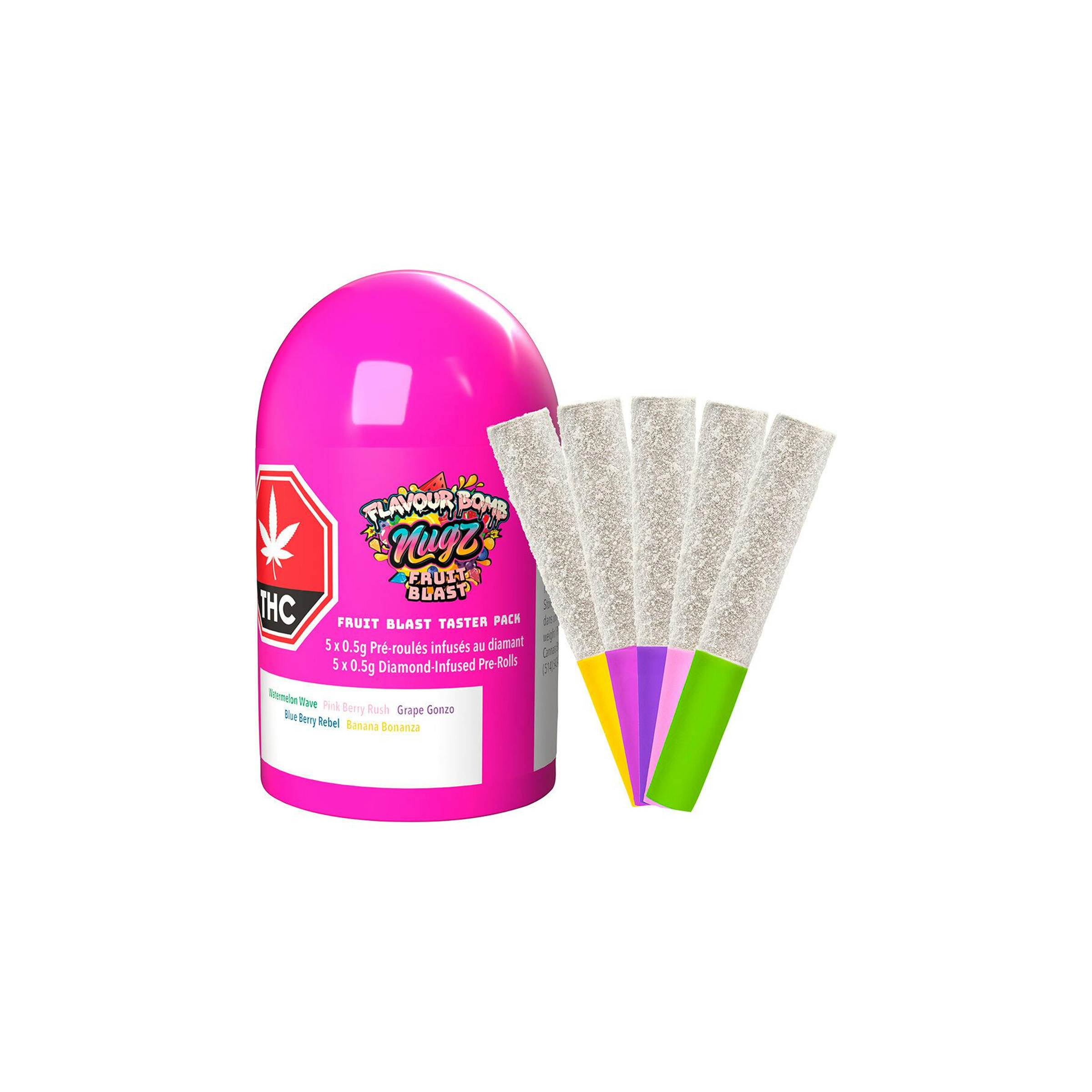 Nugz : FLAVOUR BOMB FRUIT BLAST TASTER INFUSED PRE-ROLLS - 5 x 0.5g 1 Nugz : FLAVOUR BOMB FRUIT BLAST TASTER INFUSED PRE-ROLLS - 5 x 0.5g