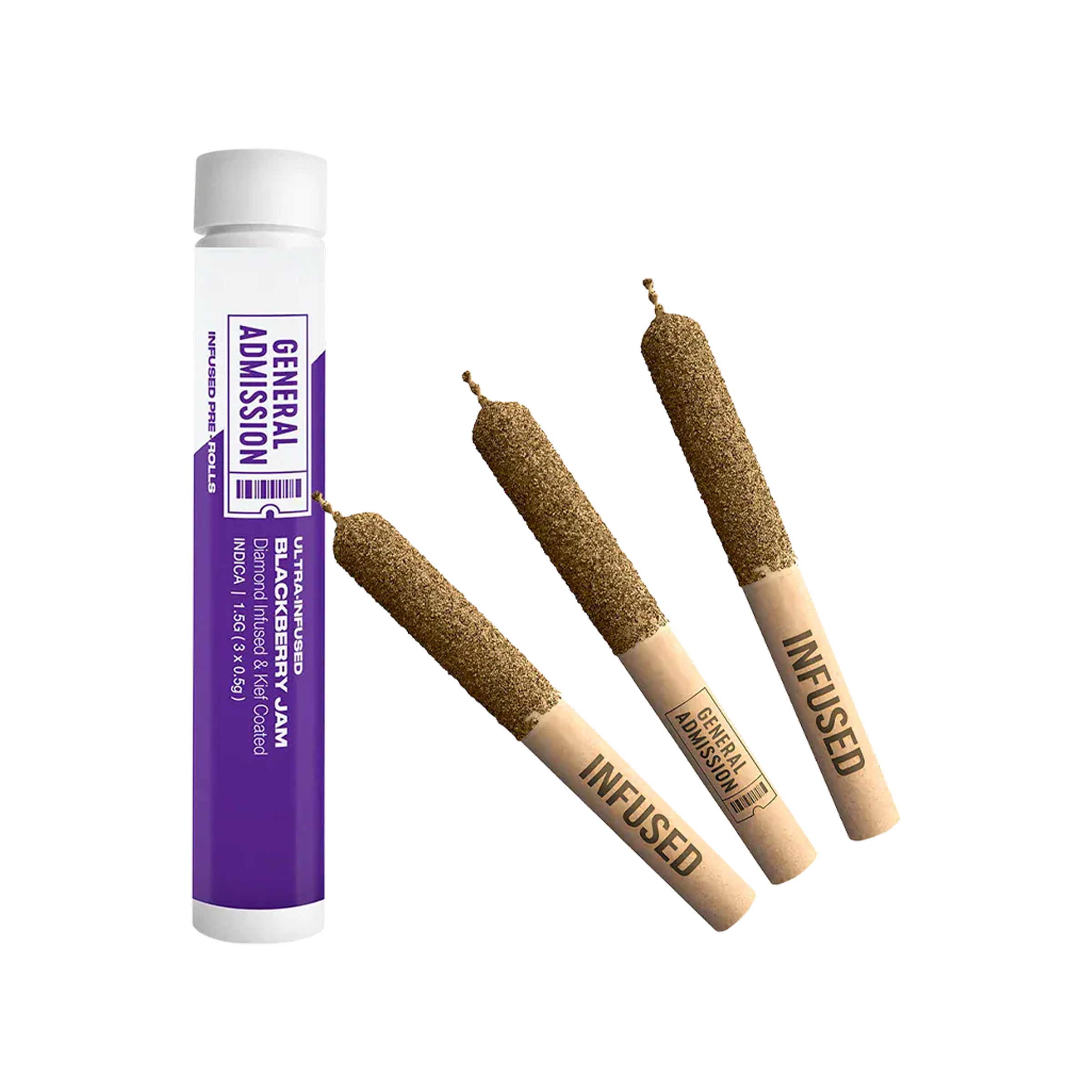 General Admission : BLACKBERRY JAM DIAMOND INFUSED PRE-ROLLS - 3 x 0.5g 1 General Admission : BLACKBERRY JAM DIAMOND INFUSED PRE-ROLLS - 3 x 0.5g